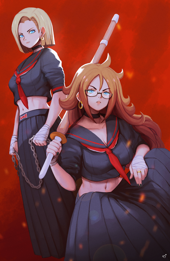 abs android_18 android_21 bandaged_hands bandages blonde_hair blue_eyes brown_hair chain choker commentary delinquent dragon_ball dragon_ball_fighterz dragon_ball_z glasses kendo_sword long_skirt looking_at_viewer midriff multiple_girls mynare navel red_background school_uniform skirt squatting stomach sukeban toned