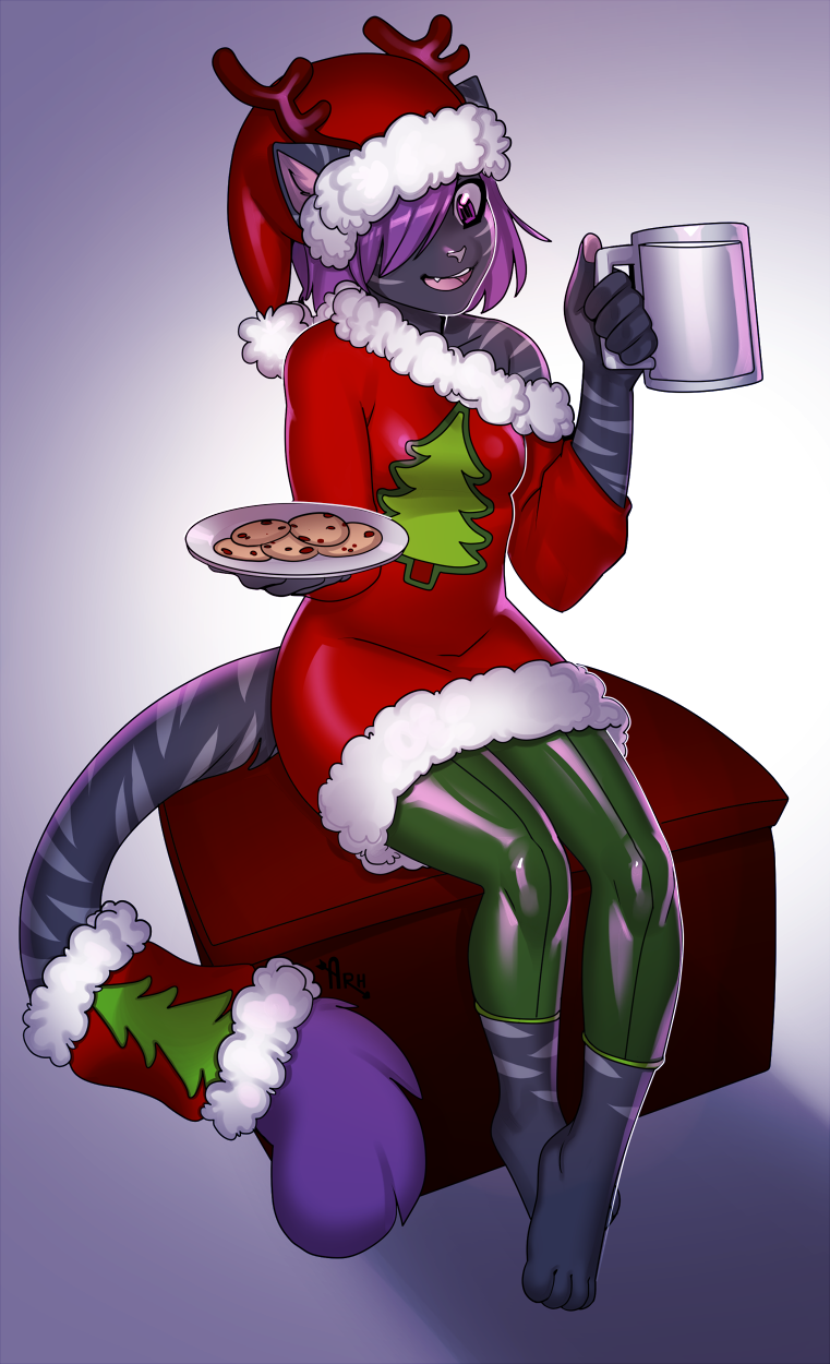 2017 anthro arh barefoot cat christmas clothed clothing cookie cup fake_antlers feline female food fur furgonomics grey_fur hair hat holding_cup holding_food holding_object holidays leggings legwear mammal milk off_shoulder purple_eyes purple_hair santa_hat sitting solo stripes suki-kitty sweater tail_clothing tail_warmer