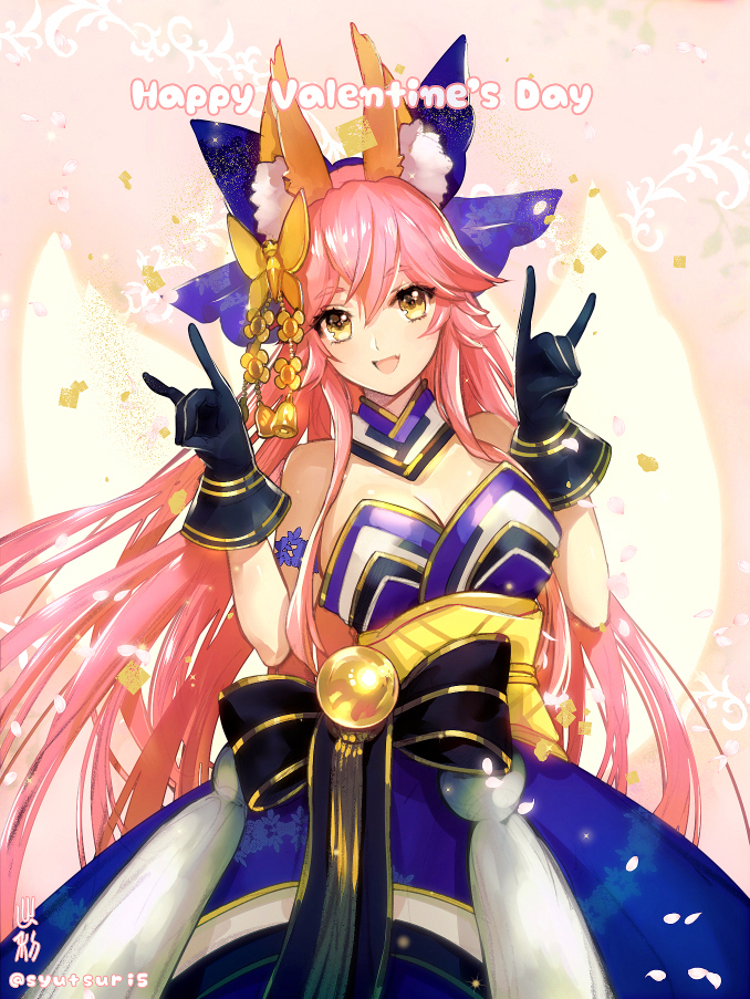 :d alternate_costume animal_ears black_gloves blue_ribbon breasts cleavage commentary english eyebrows_visible_through_hair fate/grand_order fate_(series) fox_ears fox_shadow_puppet gloves hair_ornament hair_ribbon hands_up happy_valentine large_breasts long_hair obi open_mouth pink_hair ribbon sash shutsuri smile solo tamamo_(fate)_(all) tamamo_no_mae_(fate) twitter_username valentine very_long_hair yellow_eyes