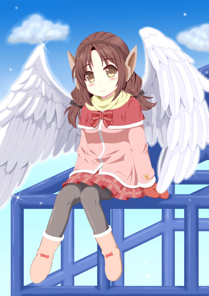 angel_wings black_ribbon blue_sky boots bow brown_eyes brown_hair capelet cloud coat commentary_request day earmuffs eyebrows_visible_through_hair eyes_visible_through_hair feathered_wings full_body grey_legwear hair_ribbon knees_together_feet_apart long_hair looking_at_viewer low_twintails mittens original pantyhose pink_coat plaid plaid_skirt pleated_skirt red_bow red_capelet red_mittens red_skirt ribbon scarf sitting skirt sky smile solo takahiko twintails white_wings wings yellow_scarf