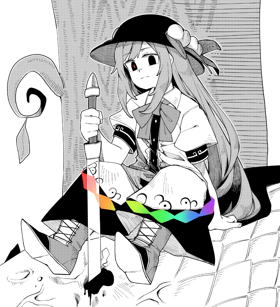 anarogumaaa arm_support blood boots bow bowtie expressionless food fruit full_body hat hat_leaf hinanawi_tenshi leaf long_hair looking_at_viewer monochrome monster peach pointy_boots puffy_short_sleeves puffy_sleeves rainbow_order scales short_sleeves simple_background sitting solo spot_color sword_of_hisou touhou tree white_background