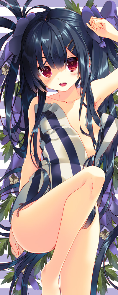 1girl :d ahoge arikawa_satoru armpits ass barefoot black_hair blush bow flower_knight_girl hair_bow hair_ornament hairclip long_hair looking_at_viewer naked_towel open_mouth purple_bow red_eyes smile striped striped_towel torikabuto_(flower_knight_girl) towel twintails vertical_stripes
