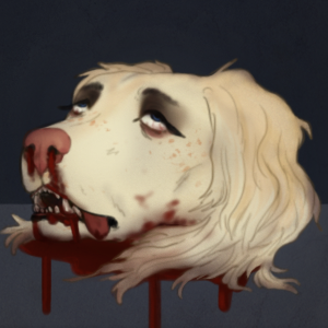 blood blood_from_nose blood_on_face blue_eyes brown_hair canine caroline dead_eyes death decapitation deermary digital_media_(artwork) dog female fur gore hair low_res mammal nosebleed saluki severed_head solo tan_fur teeth tongue tongue_out