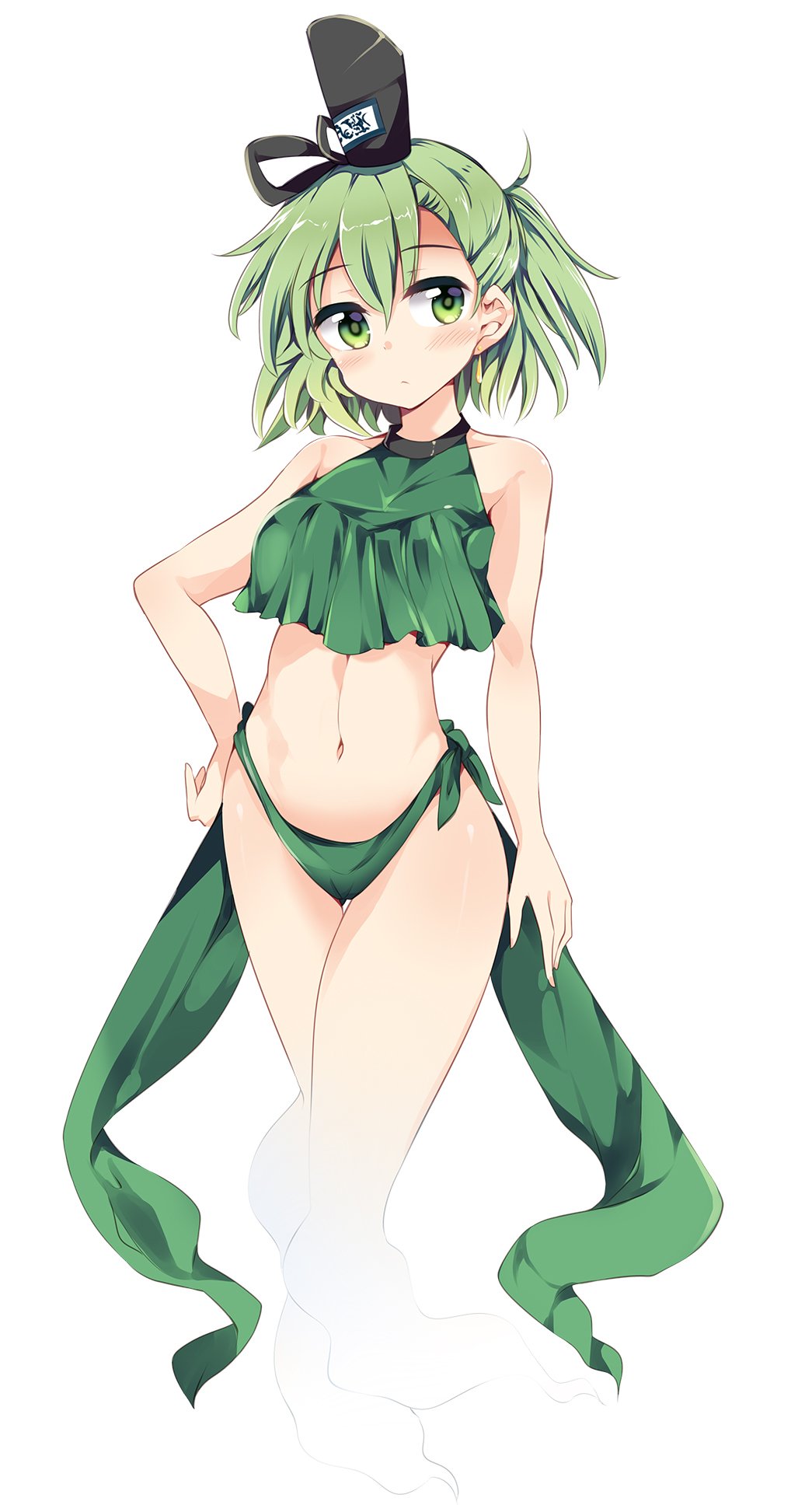 adapted_costume bare_arms bare_legs bare_shoulders bikini_bottom blush breasts commentary_request crop_top eyebrows_visible_through_hair full_body ghost_tail green_bikini_bottom green_eyes green_hair hair_between_eyes hand_on_hip hat highres maturiuta_sorato medium_breasts midriff navel short_hair simple_background soga_no_tojiko solo swimsuit tate_eboshi touhou white_background