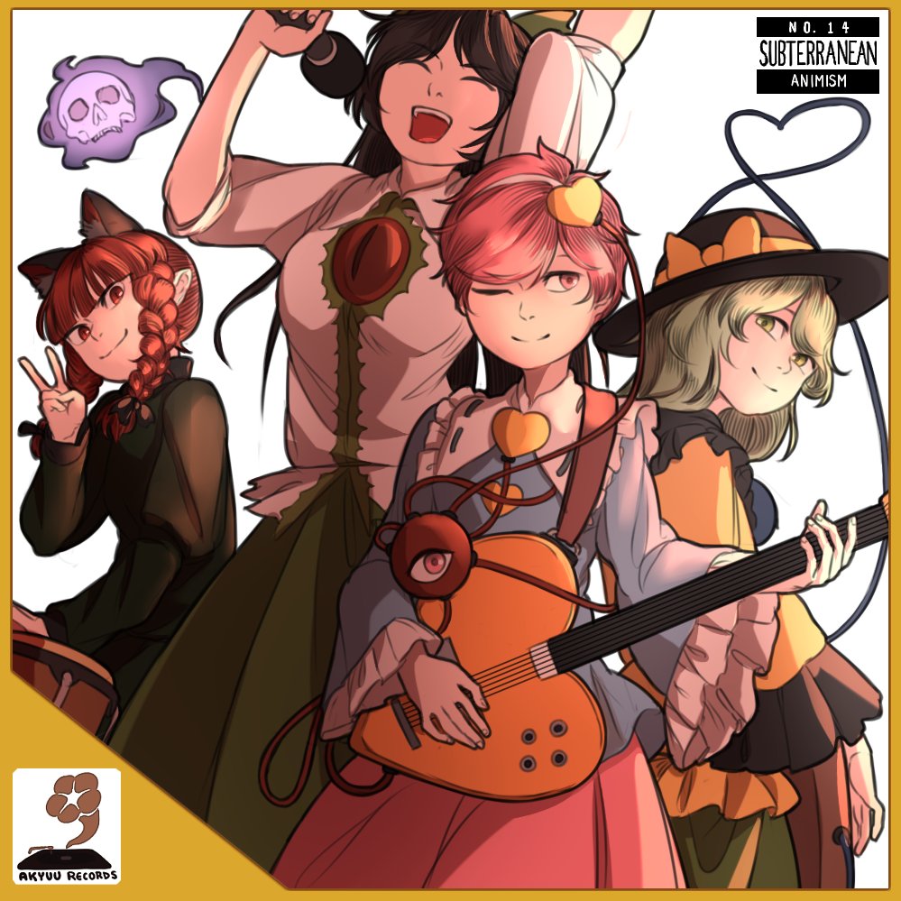 ;) ^_^ animal_ears blouse blue_blouse border bow braid brown_hair buttons cat_ears closed_eyes closed_mouth collared_shirt commentary cover cowboy_shot drum electric_guitar english extra_ears eyeball fake_cover green_hair green_skirt guitar hands_up hat hat_bow heart heart_of_string holding holding_microphone instrument kaenbyou_rin komeiji_koishi komeiji_satori light_smile long_hair long_sleeves looking_at_viewer medium_hair mefomefo microphone multiple_girls music no_wings one_eye_closed open_mouth phonograph pink_hair pink_skirt red_hair reiuji_utsuho ribbon-trimmed_collar ribbon_trim shirt short_hair short_sleeves singing skirt skull smile spirit standing subterranean_animism third_eye touhou twin_braids v white_background white_shirt wide_sleeves yellow_blouse yellow_border yellow_bow