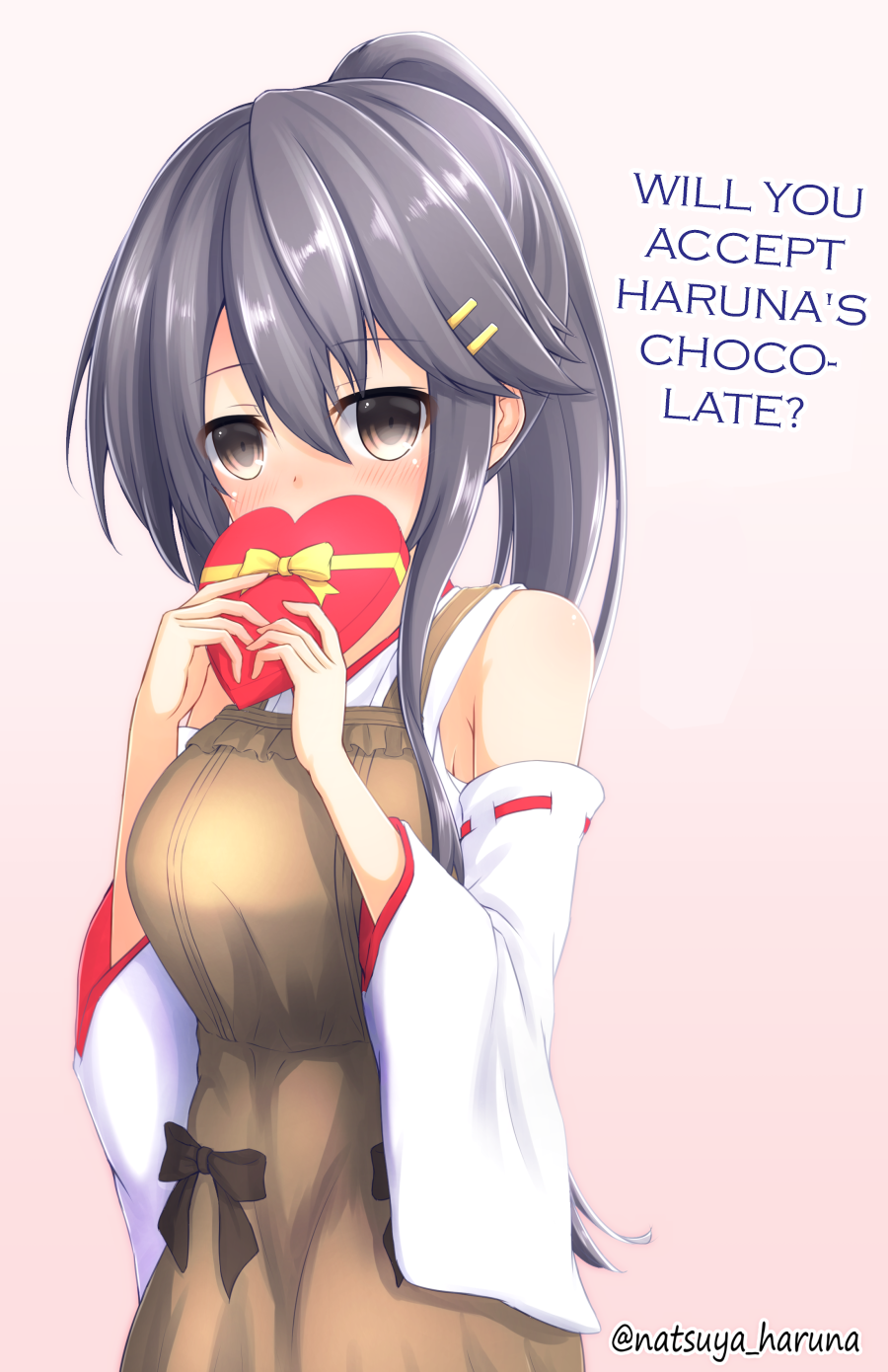 10s 1girl alternate_hairstyle apron black_hair blush box breasts chocolate chocolate_heart commentary_request detached_sleeves gift gift_box hair_ornament hairclip hard_translated haruna_(kantai_collection) heart heart-shaped_box highres holding holding_gift kantai_collection large_breasts long_hair looking_at_viewer natsuya_(pucelle) nontraditional_miko ponytail solo translated twitter_username valentine wide_sleeves