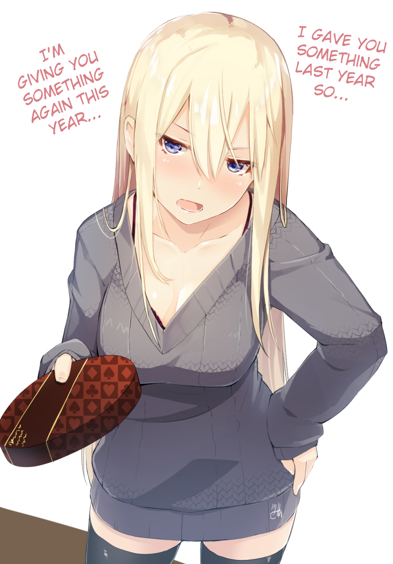 1girl alternate_costume bangs bismarck_(kantai_collection) black_bra black_legwear blonde_hair blue_eyes blush bra breasts cleavage eyes_visible_through_hair food gift grey_sweater hair_between_eyes hair_over_shoulder hand_on_hip happy_valentine hard_translated head_tilt holding holding_food incoming_gift kantai_collection large_breasts long_hair looking_at_viewer meth_(emethmeth) open_mouth sidelocks signature solo sweater thighhighs thighs translated tsurime underwear valentine zettai_ryouiki