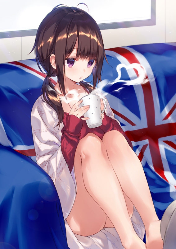 bangs banned_artist bare_legs blush brown_hair couch cup holding holding_cup indoors knees_up legs_together mug original purple_eyes sidelocks sitting sleeves_past_wrists slippers solo steam suisen thighs twintails union_jack