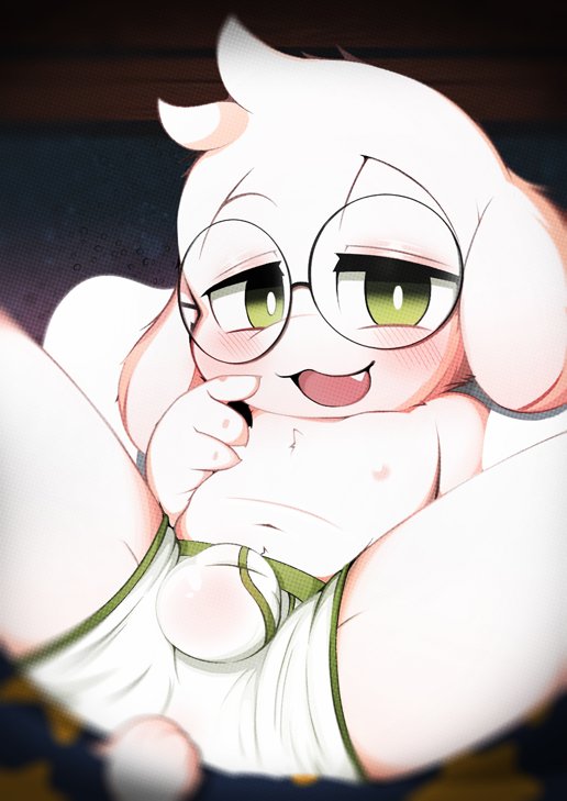 4_fingers anthro asriel_dreemurr blush briefs bulge caprine child clothing cub eyewear fur glasses goat green_eyes lying male mammal navel nipples on_back pingkoon solo spread_legs spreading undertale underwear video_games white_fur young