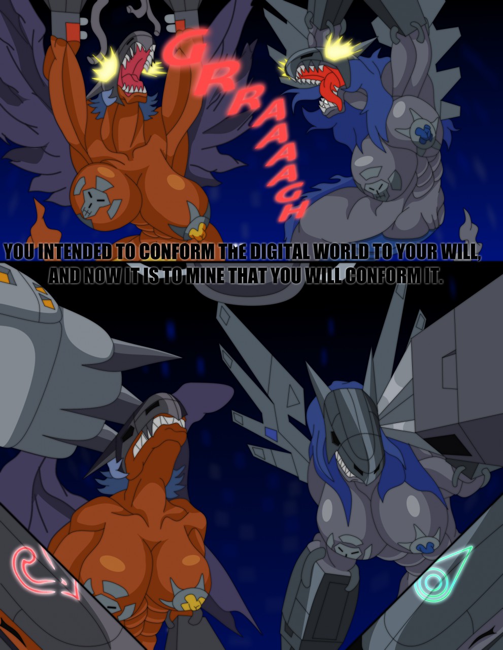 big_breasts breasts comic cybernetics cyborg dialogue digimon dragon english_text female gigadramon hair machine mankor mimi mugendramon nipples nude open_mouth pussy reptile scalie simple_background sora text transformation