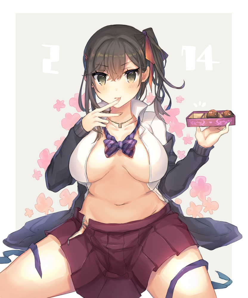 bad_id bad_pixiv_id bangs blush breasts brown_eyes brown_hair cardigan chocolate closed_mouth collarbone collared_shirt commentary_request curvy dated eyebrows_visible_through_hair jewelry large_breasts lips looking_at_viewer navel necklace open_cardigan open_clothes open_shirt original pleated_skirt purple_skirt school_uniform shikino_yuki shirt side_ponytail sitting skirt smile solo spread_legs thighs valentine wing_collar