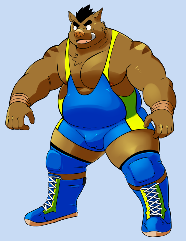 anthro biceps big_muscles boar boots bulge clothed clothing eyebrows footwear male mammal musclegut muscular muscular_male nipples pecs porcine shiba-kenta solo takeshi_inoyama wrestling_singlet