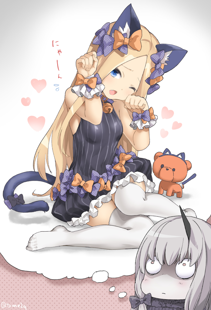 ;o abigail_williams_(fate/grand_order) animal_ears bangs bell black_bow black_dress blonde_hair blue_eyes blush bow breasts cat_day cat_ears cat_girl cat_tail dress fang fate/grand_order fate_(series) frilled_dress frills hair_bow head_tilt heart horn imagining jingle_bell kemonomimi_mode lavinia_whateley_(fate/grand_order) long_hair looking_at_viewer multiple_girls no_shoes one_eye_closed open_mouth orange_bow pale_skin parted_bangs paw_pose polka_dot polka_dot_bow sleeveless sleeveless_dress small_breasts stuffed_animal stuffed_toy tail tail_bow teddy_bear thighhighs tyone very_long_hair white_hair white_legwear wrist_cuffs zettai_ryouiki