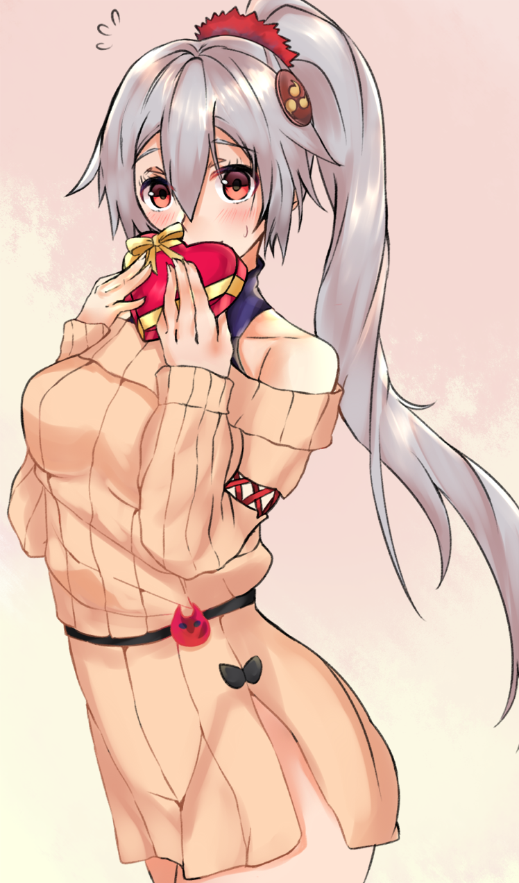 alternate_costume bare_shoulders blush box covering_mouth cowboy_shot fate/grand_order fate_(series) first_valentine furam hair_between_eyes hair_ornament heart-shaped_box highres looking_at_viewer off-shoulder_sweater ribbed_sweater scrunchie solo sweater tomoe_gozen_(fate/grand_order) valentine