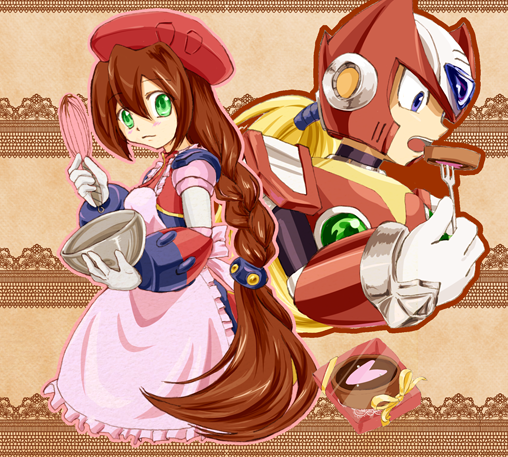 1boy 1girl android apron artist_request beret blonde_hair blue_eyes blush bowl braid brown_hair chocolate eating fork gift gloves green_eyes hair_between_eyes hat heart helmet holding holding_bowl holding_fork iris_(rockman_x) long_hair low-tied_long_hair open_mouth patterned_background ribbon rockman rockman_x rockman_x4 smile valentine whisk white_gloves zero_(rockman)
