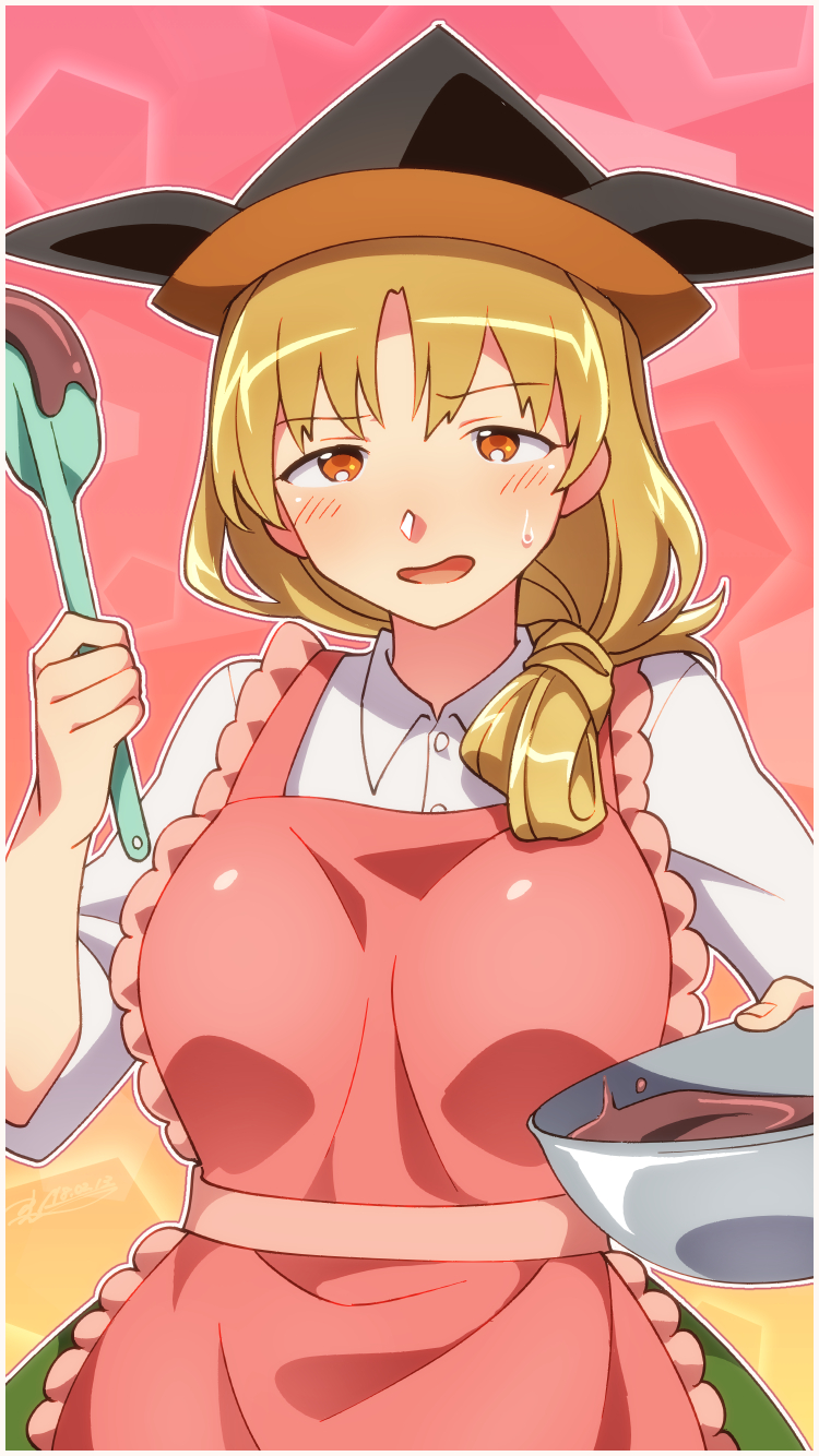 apron black_hat blonde_hair blouse blush bowl cowboy_shot hat highres holding holding_bowl holding_spoon long_hair looking_at_viewer low-tied_long_hair matara_okina mixing_bowl open_mouth orange_eyes outline pink_apron pink_background shikido_(khf) solo spoon sweatdrop touhou white_blouse white_outline wing_collar