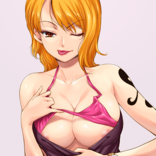 :p areola_slip areolae blonde_hair bra bra_lift breasts brown_eyes cleavage hairu large_breasts lingerie long_hair lowres nami_(one_piece) naughty_face nipples one_eye_closed one_piece paizuri_invitation short_hair solo tattoo tongue tongue_out underwear