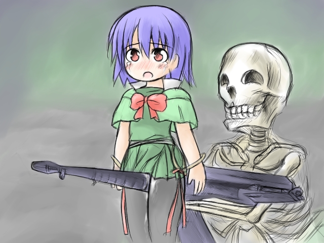 1girl akumajo_dracula blue_hair blush carrie_belnades carrie_fernandez castlevania crotch_rub gun konami pantyhose red_eyes skeleton weapon