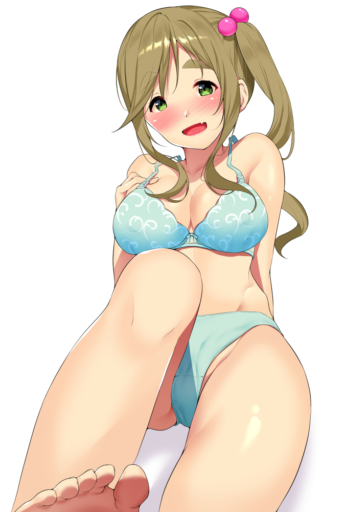 aqua_bra aqua_panties arm_behind_back arm_support barefoot blush bra breasts brown_hair cleavage commentary_request eyebrows_visible_through_hair fang hair_bobbles hair_ornament hand_on_own_chest inuyama_aoi kurogoma_(haruhi3) large_breasts long_hair looking_at_viewer nose_blush open_mouth panties side_ponytail simple_background sitting solo thick_eyebrows underwear underwear_only white_background yurucamp
