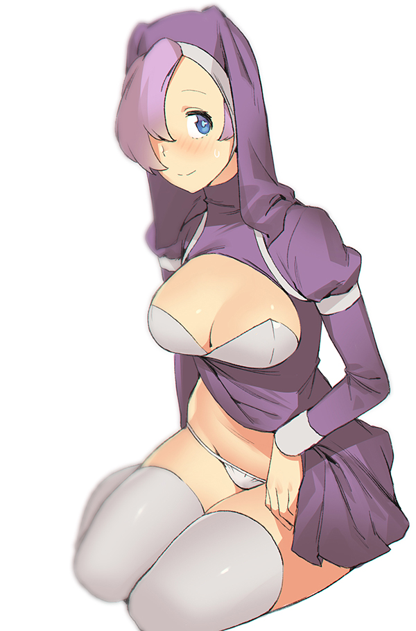 blue_eyes blush breasts cleavage cleavage_cutout copyright_request dress dress_lift habit hair_over_one_eye harabacho_(gkfkqkch1) lifted_by_self long_sleeves looking_at_viewer medium_breasts panties puffy_long_sleeves puffy_sleeves purple_hair sitting smile solo sweatdrop thighhighs underwear yokozuwari