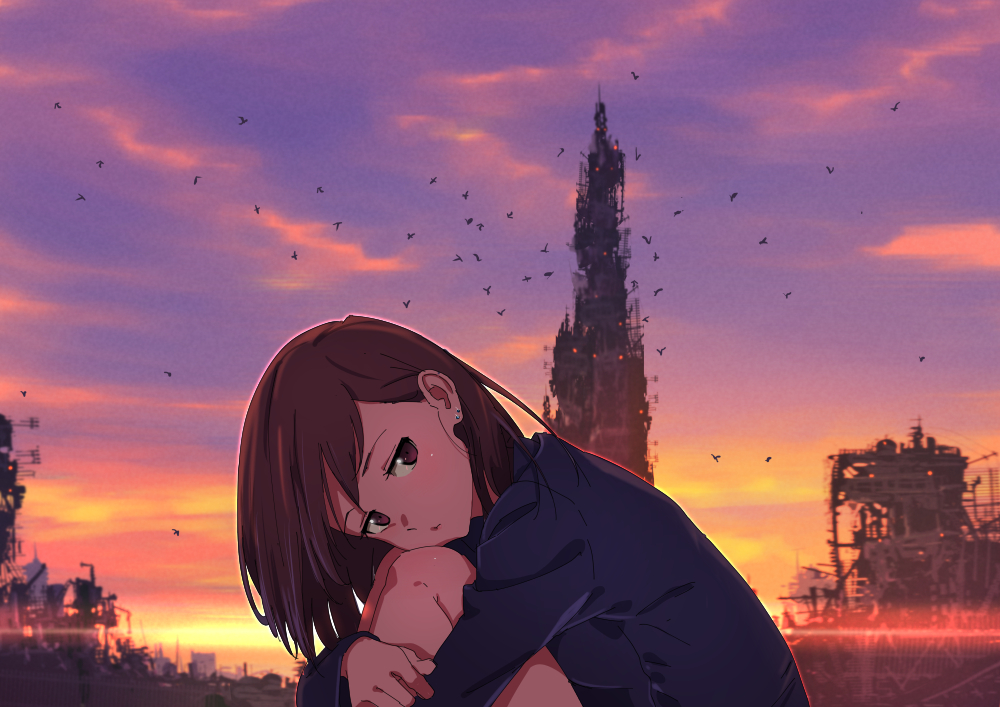 backlighting bird blue_shirt blush bored breasts brown_hair building closed_mouth cloud domo1220 evening gradient_sky jitome knees_to_chest knees_up leg_hug long_hair long_sleeves looking_at_viewer medium_breasts original outdoors purple_eyes ruins shirt sitting sky solo sunlight sunset