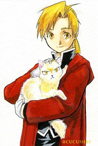 alphonse_elric animal black_shirt blonde_hair carrying cat cat_day coat conqueror_of_shambala fullmetal_alchemist gloves long_hair looking_at_viewer male_focus petting ponytail red_coat shirt simple_background smile twitter_username urikurage white_background yellow_eyes