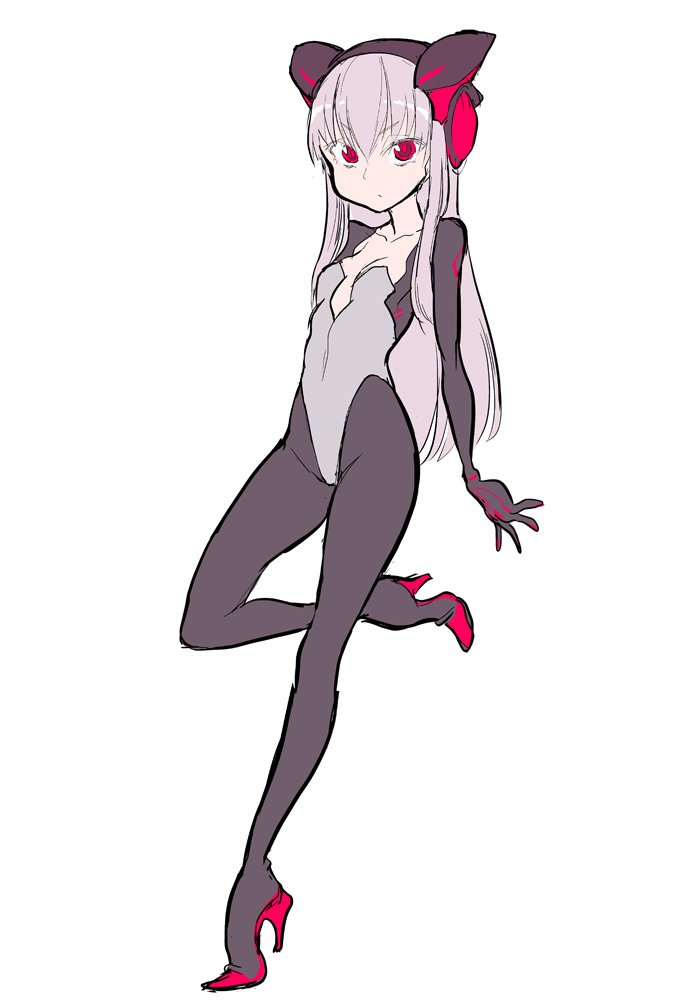 bangs bodysuit collarbone commentary_request electro_alice eyebrows_visible_through_hair flat_chest full_body headgear high_heels ken_(koala) leg_up long_hair looking_at_viewer original pink_hair red_eyes simple_background skin_tight solo white_background