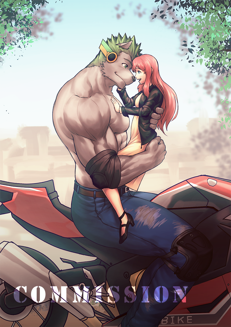 anthro breasts canid canine clothed clothing dress duo female female_on_anthro green_hair hair human human_on_anthro interspecies larger_male male male/female mammal motorcycle muscular muscular_male open_mouth outside size_difference smaller_female smile tobito topless vehicle