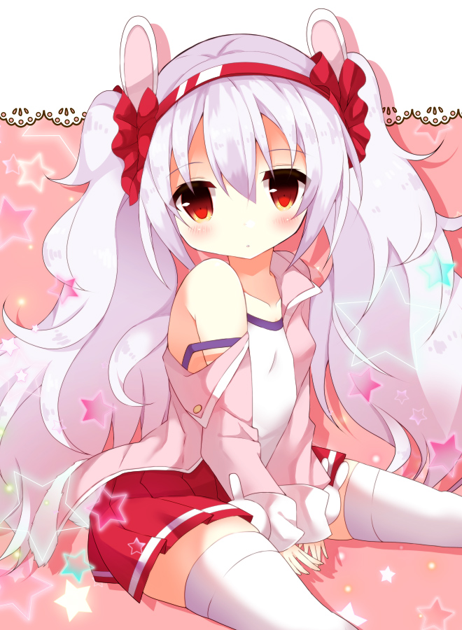 :o animal_ears azur_lane bangs between_legs blush bunny_ears collarbone commentary_request eyebrows_visible_through_hair fuuna_thise hair_between_eyes hair_ornament hairband hand_between_legs jacket laffey_(azur_lane) long_hair long_sleeves looking_at_viewer off_shoulder open_clothes open_jacket parted_lips pink_jacket pleated_skirt red_eyes red_hairband red_skirt silver_hair sitting skirt sleeves_past_wrists solo star strap_slip thighhighs twintails very_long_hair white_camisole white_legwear
