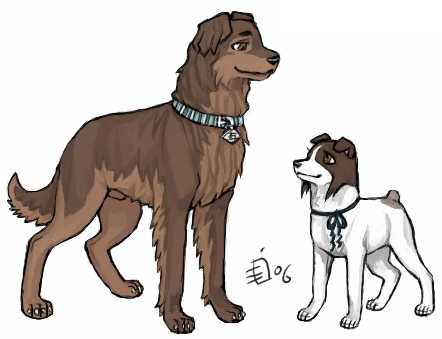 animalization bleach brown_eyes collar dog emlan full_body hinamori_momo lowres neck_ribbon no_humans ribbon signature simple_background size_difference standing white_background