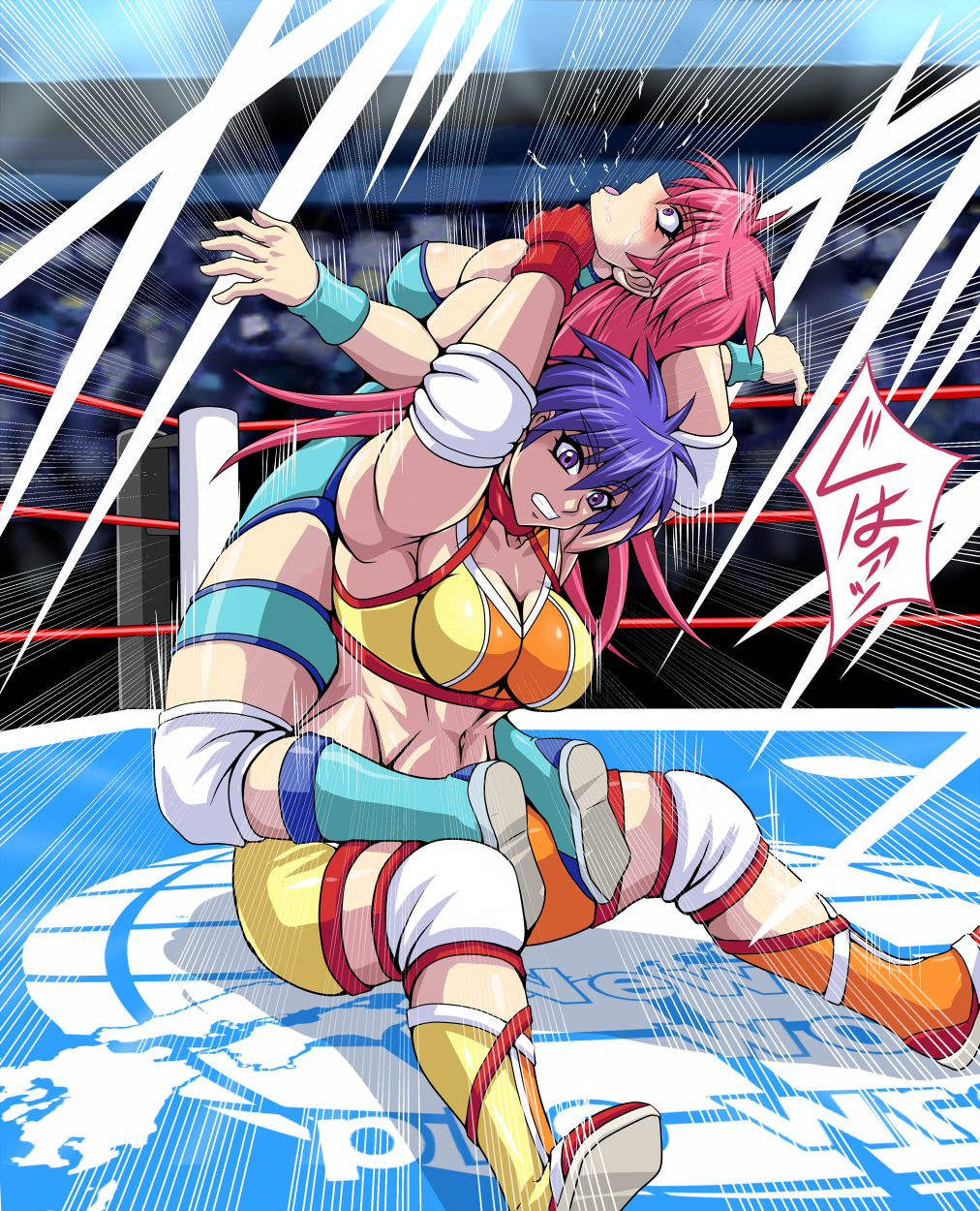 asphyxiation blue_eyes blue_hair blue_leotard bomber_kishima boots breasts cleavage highres knee_pads large_breasts leotard long_hair medium_breasts mighty_yukiko multiple_girls muscle muscular_female open_mouth pink_hair purple_eyes short_hair sweat taroimo_(00120014) wrestle_angels wrestle_angels_survivor wrestling wrestling_outfit wrestling_ring wristband