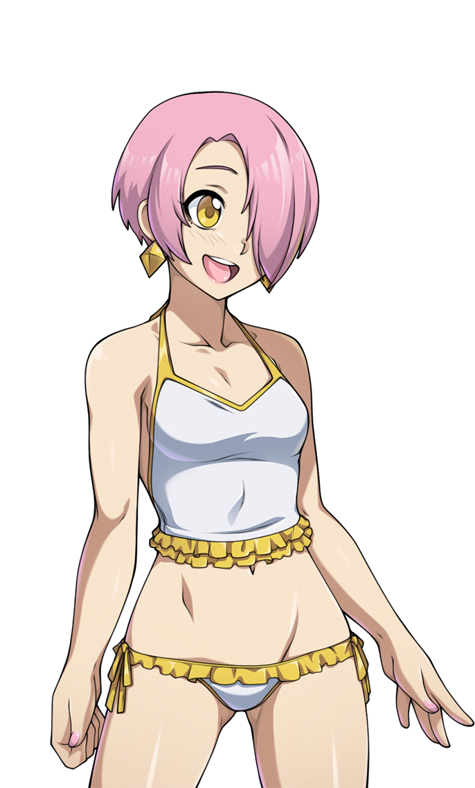 amika_heartome bikini breasts cleavage crop_top earrings fearless_night frilled_bikini frills hair_over_one_eye jewelry lipstick lowleg lowleg_bikini makeup nail_polish navel no_hat no_headwear pink_hair pink_nails short_hair small_breasts solo spike_wible swimsuit yellow_eyes