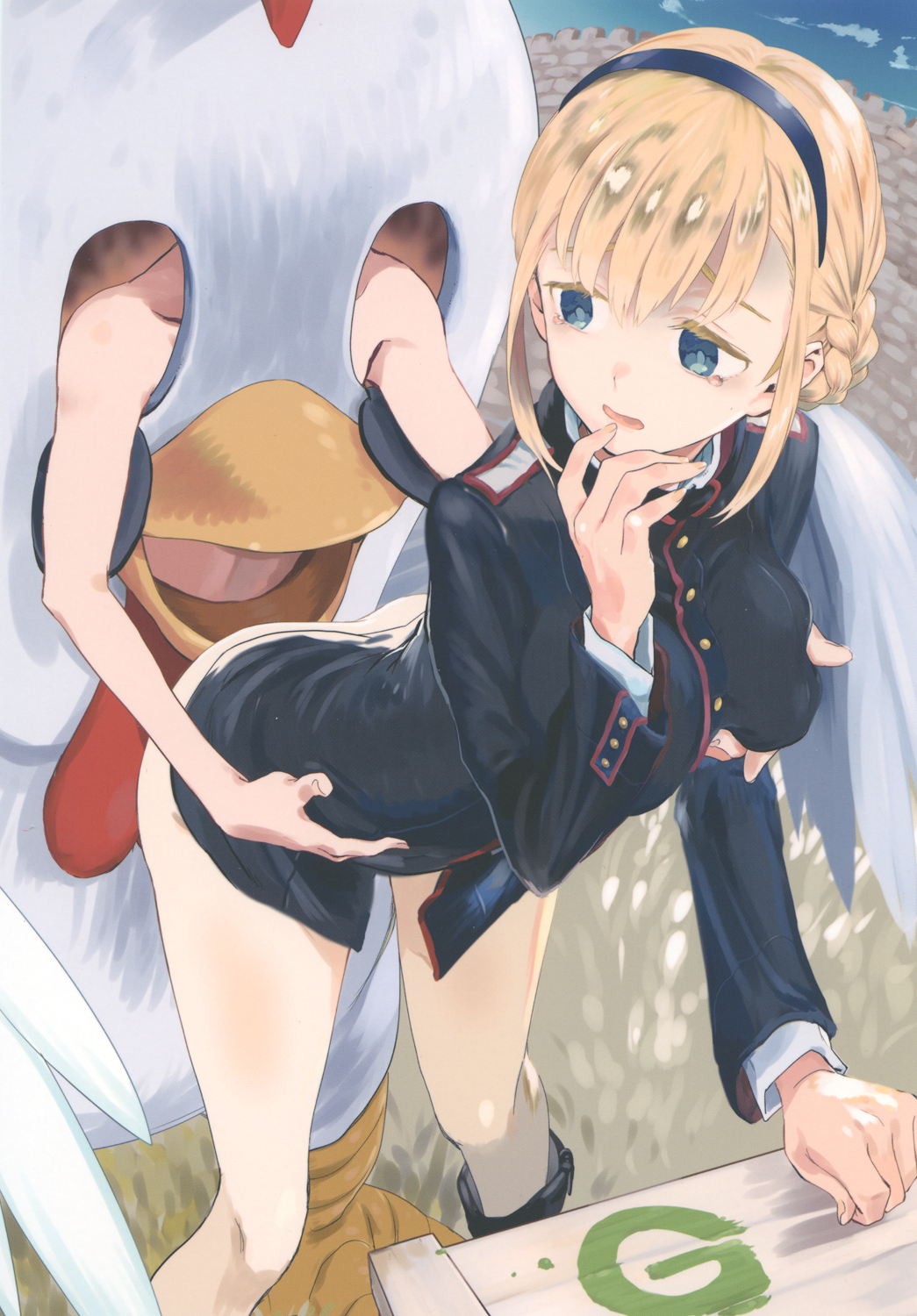 1girl ass blonde_hair blue_eyes blush bottomless breast_grab breasts grabbing hair_ornament hairband hetero highres homare_(homaredai) large_breasts looking_back military military_uniform no_panties noble_witches open_mouth rosalie_de_hemricourt_de_grunne sex standing_sex tears uniform world_witches_series