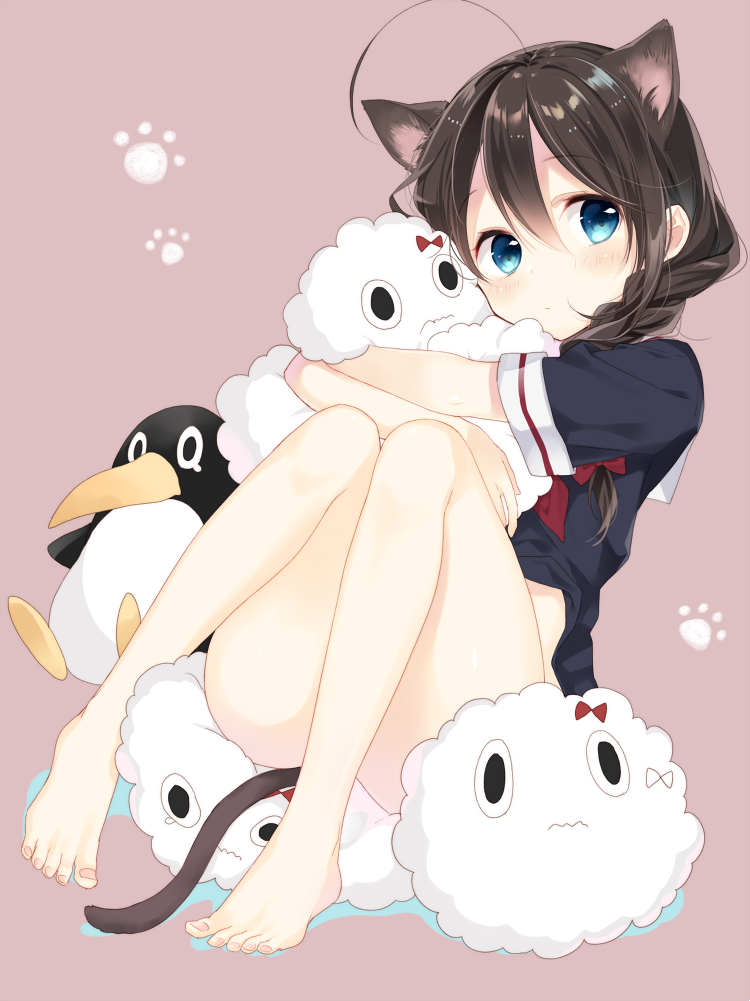 ahoge animal_ears bangs barefoot bird bottomless bow brown_hair closed_mouth cloud commentary_request eyebrows_visible_through_hair failure_penguin feet hair_between_eyes holding hug kantai_collection kemonomimi_mode knees_together_feet_apart long_hair looking_at_viewer miss_cloud naoto_(tulip) no_panties no_pants paw_print_pattern penguin red_neckwear shigure_(kantai_collection) simple_background sitting tail toenails