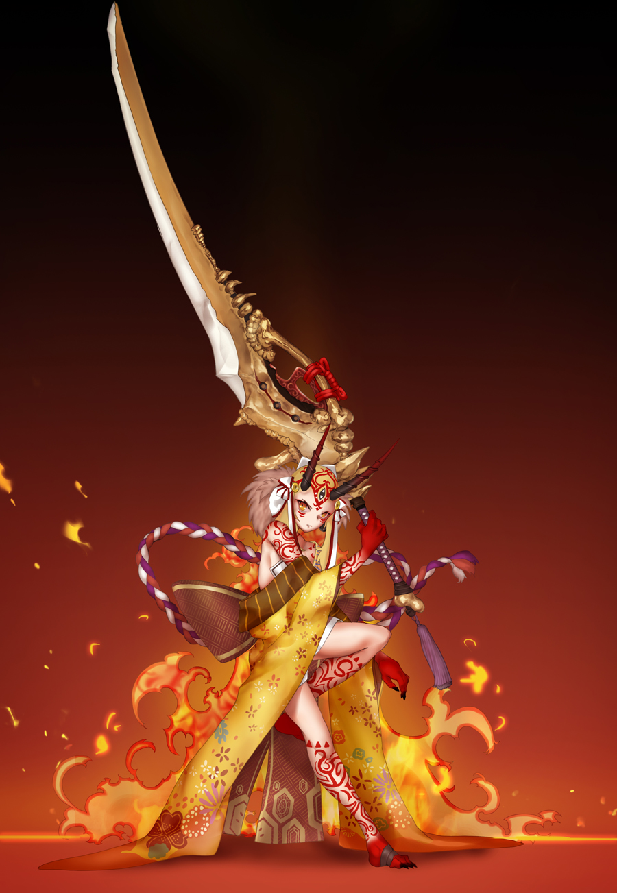 1girl blonde_hair fate/grand_order fate_(series) fire flame horns huge_sword ibaraki_douji_(fate/grand_order) japanese_clothes kimono legs looking_at_viewer monster_girl oni slit_pupils stance sword tattoo toenails weapon yellow_eyes