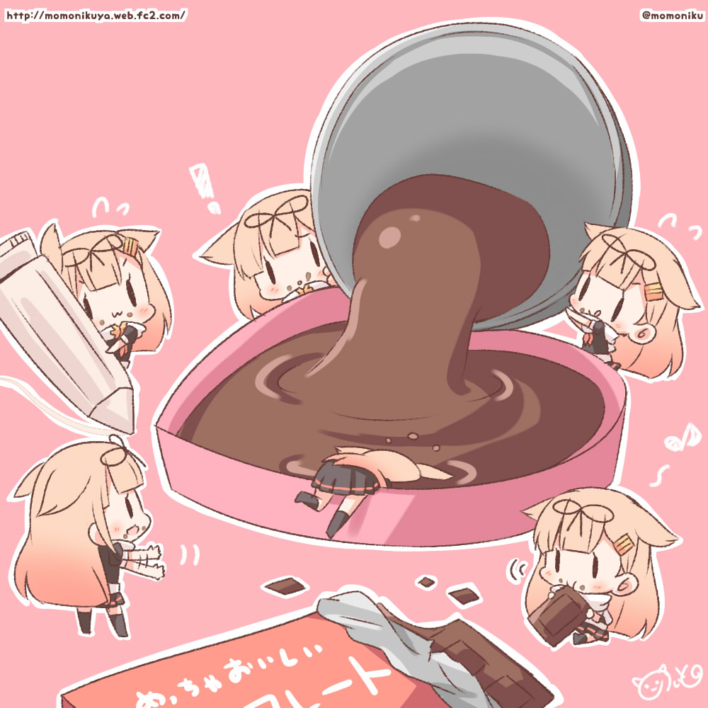 1girl :3 :q :t black_legwear blonde_hair box chibi chocolate chocolate_on_face clone eating eighth_note flying_sweatdrops food food_on_face hair_flaps hair_ornament hair_ribbon hairclip heart-shaped_box kantai_collection long_hair momoniku_(taretare-13) musical_note open_mouth partially_submerged pink_background pleated_skirt pouring remodel_(kantai_collection) ribbon scarf school_uniform serafuku signature sitting skirt socks tongue tongue_out twitter_username valentine watermark waving_arms web_address yuudachi_(kantai_collection)