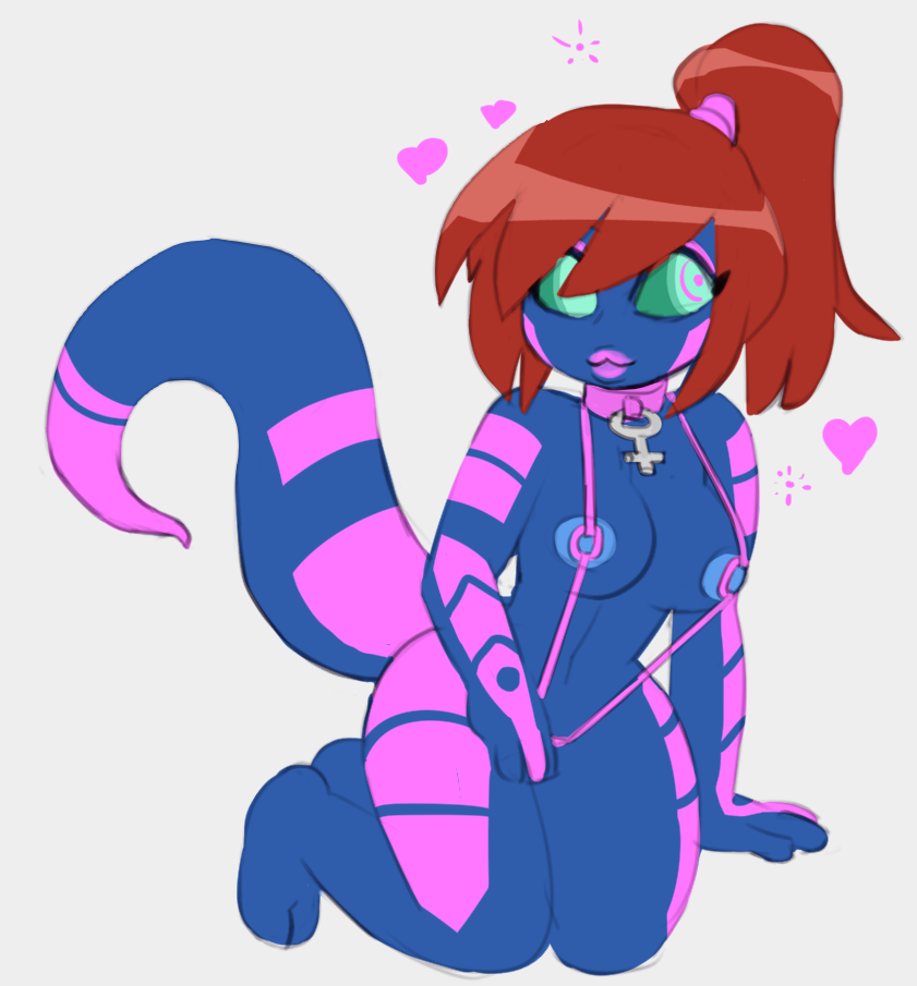 &lt;3 alien blue_nipples blue_skin blue_tail collar female full-length_portrait green_eyes hair hand_on_thigh humanoid kassidy_(medrifogmatio) kneeling nipples noseless pink_lips ponytail portrait red_hair simple_background solo stripes stylusknight white_background