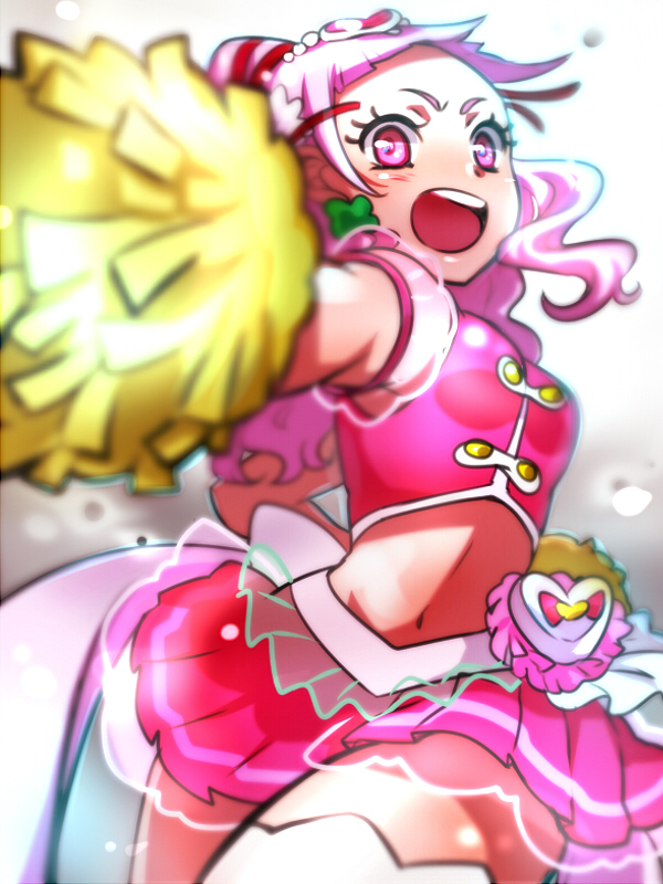 :o angry back_bow bow cowboy_shot cure_yell earrings gradient gradient_background grey_background hair_ornament heart heart_hair_ornament hugtto!_precure jewelry kagami_chihiro layered_skirt long_hair looking_at_viewer magical_girl navel nono_hana open_mouth pink_eyes pink_hair pink_shirt pink_skirt pom_poms precure shirt skirt sleeveless sleeveless_shirt solo thighhighs white_background white_legwear zettai_ryouiki