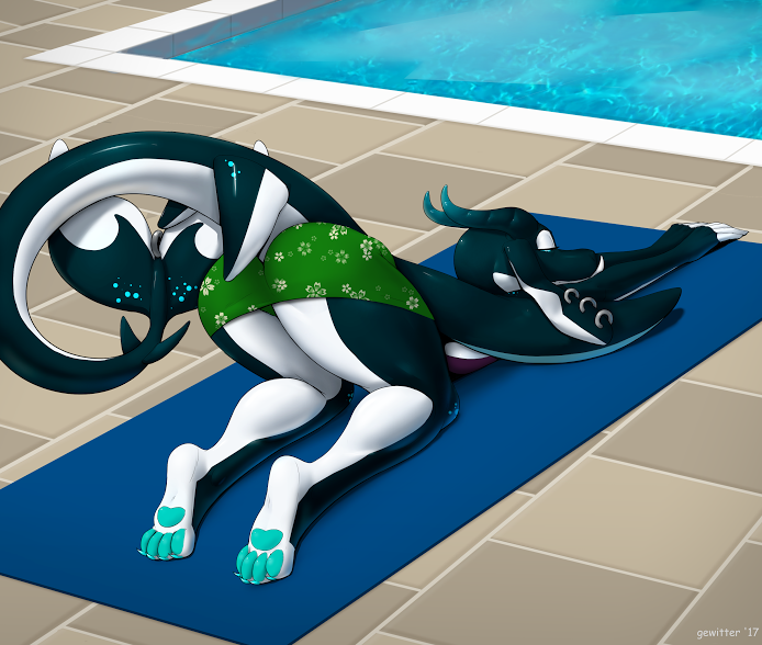 anthro better_version_at_source bikini butt cetacean clothing dragon female gewitter hybrid jewelry kaydra_wingfin_(character) mammal marine orca scalie stretching swimsuit whale wings yoga