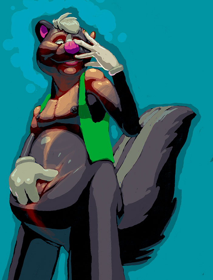 2010 4_fingers anthro belly big_belly bottomless clothed clothing digital_drawing_(artwork) digital_media_(artwork) featureless_crotch firr gloves green_vest hair human male mammal nipples overweight pink_nose simple_background skunk smile solo swatcher toony transformation vest white_hair