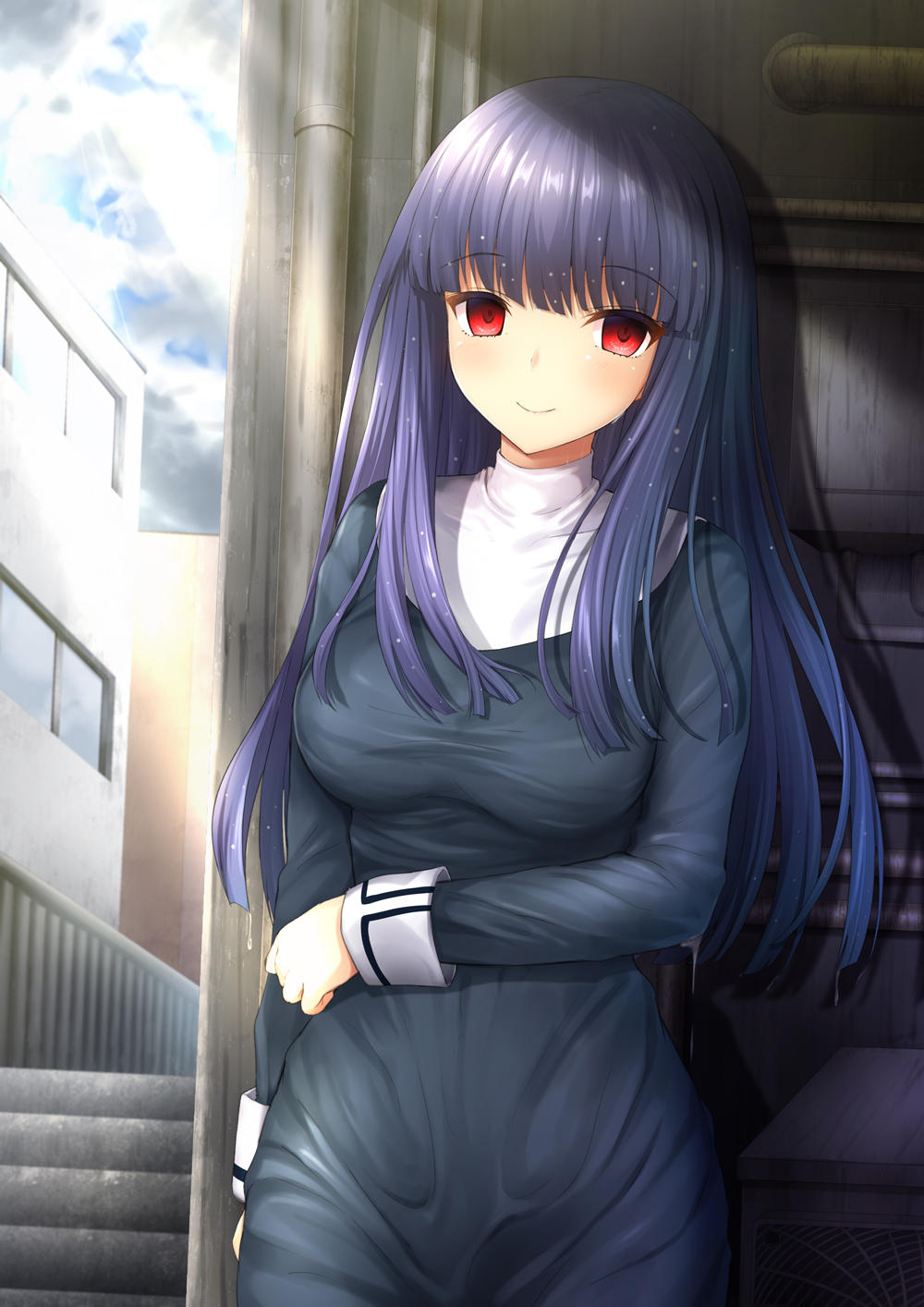 after_rain against_wall arm_at_side asagami_fujino bangs black_dress blunt_bangs blush breasts building closed_mouth cloud cloudy_sky day dress highres hime_cut kara_no_kyoukai long_hair long_sleeves looking_at_viewer medium_breasts pipes purple_hair red_eyes shiny shiny_hair sky smile solo stairs straight_hair sunburst taiki_ken wet wet_clothes wet_dress wet_hair