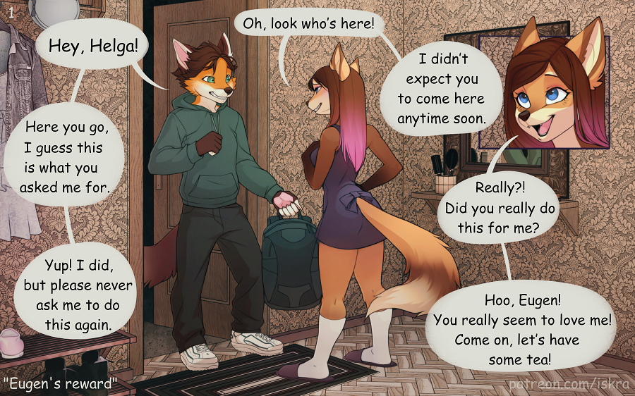 2017 anthro canine clothed clothing comic dialogue english_text eugen female fox fur hair helga_(iskra) iskra male mammal text