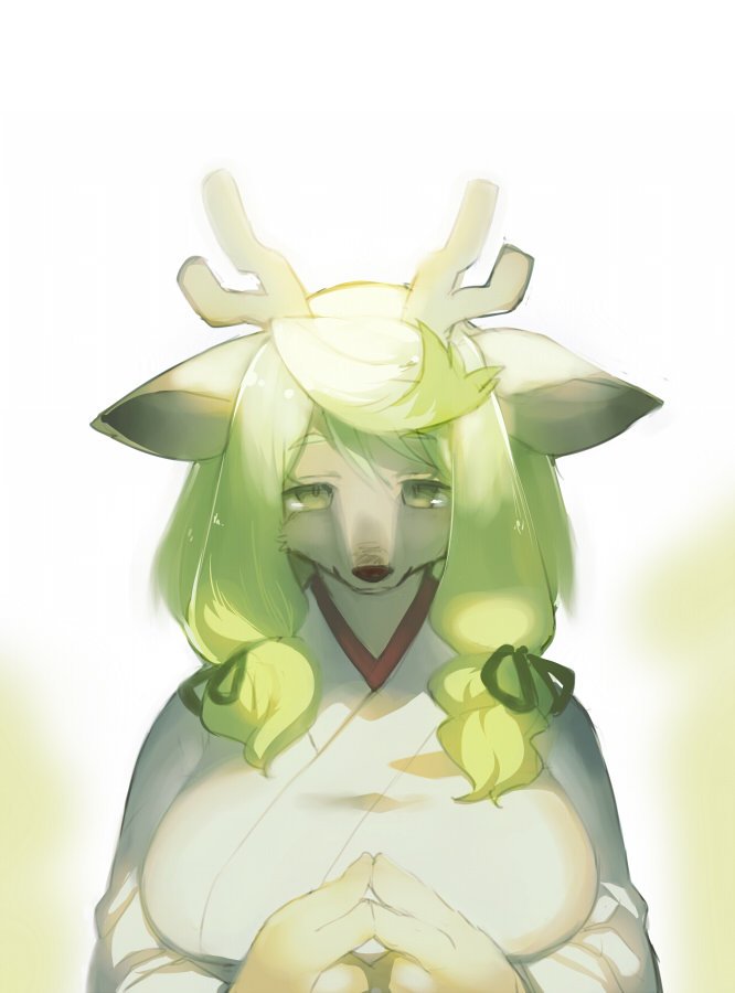 2017 anthro antlers big_breasts breasts cervine clothed clothing deer female fur green_eyes green_hair hair hair_bow hair_ribbon horn kemono kishibe looking_at_viewer mammal ribbons robe simple_background smile solo white_background white_fur