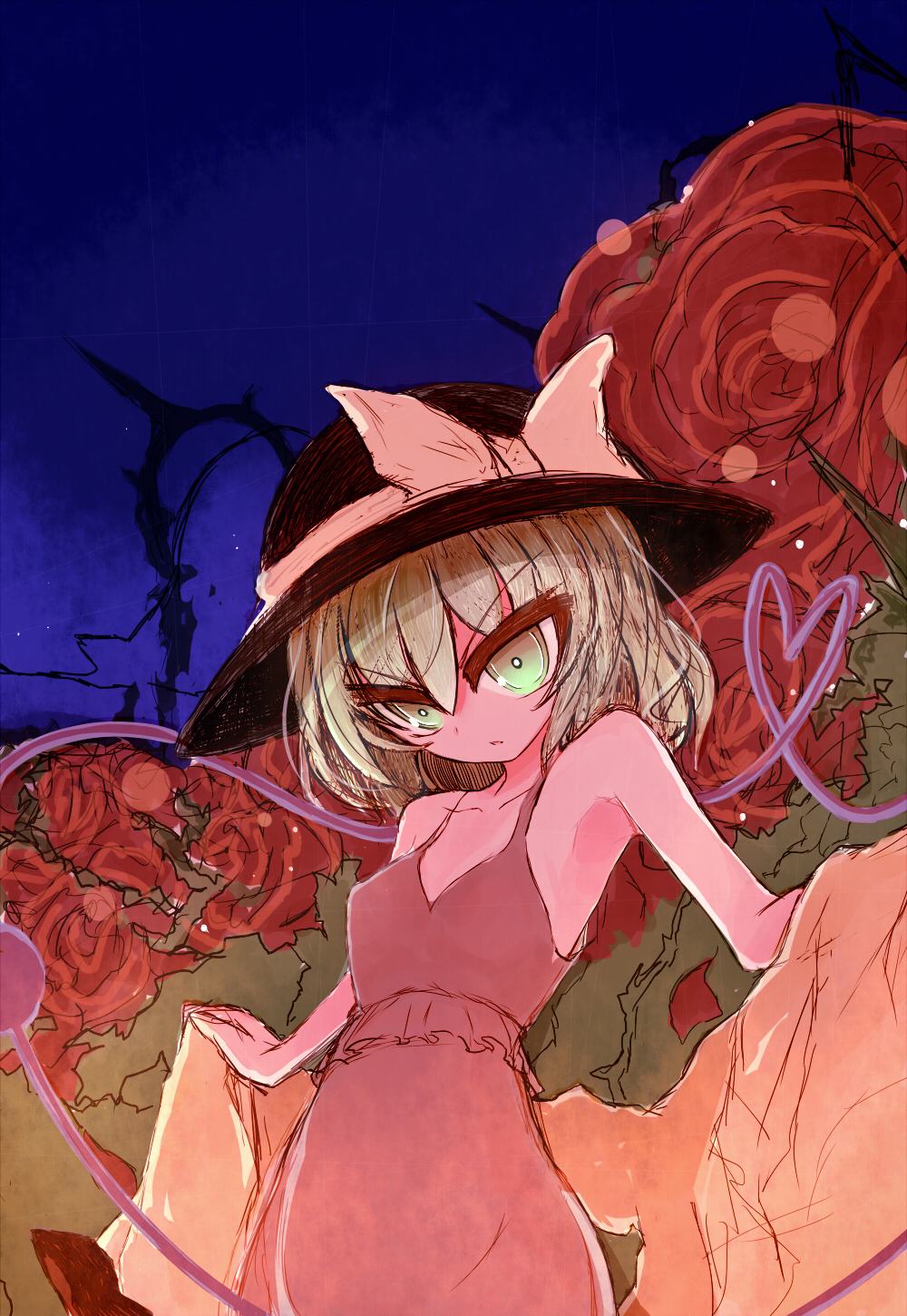 armpits bad_id bad_pixiv_id clothes_removed commentary dress eyebrows_visible_through_hair flower green_eyes green_hair hat hat_ribbon highres komeiji_koishi looking_to_the_side night night_sky open_mouth red_dress ribbon rose short_hair sky solo star_(sky) third_eye touhou tsuzuku_(hayamisyoto)