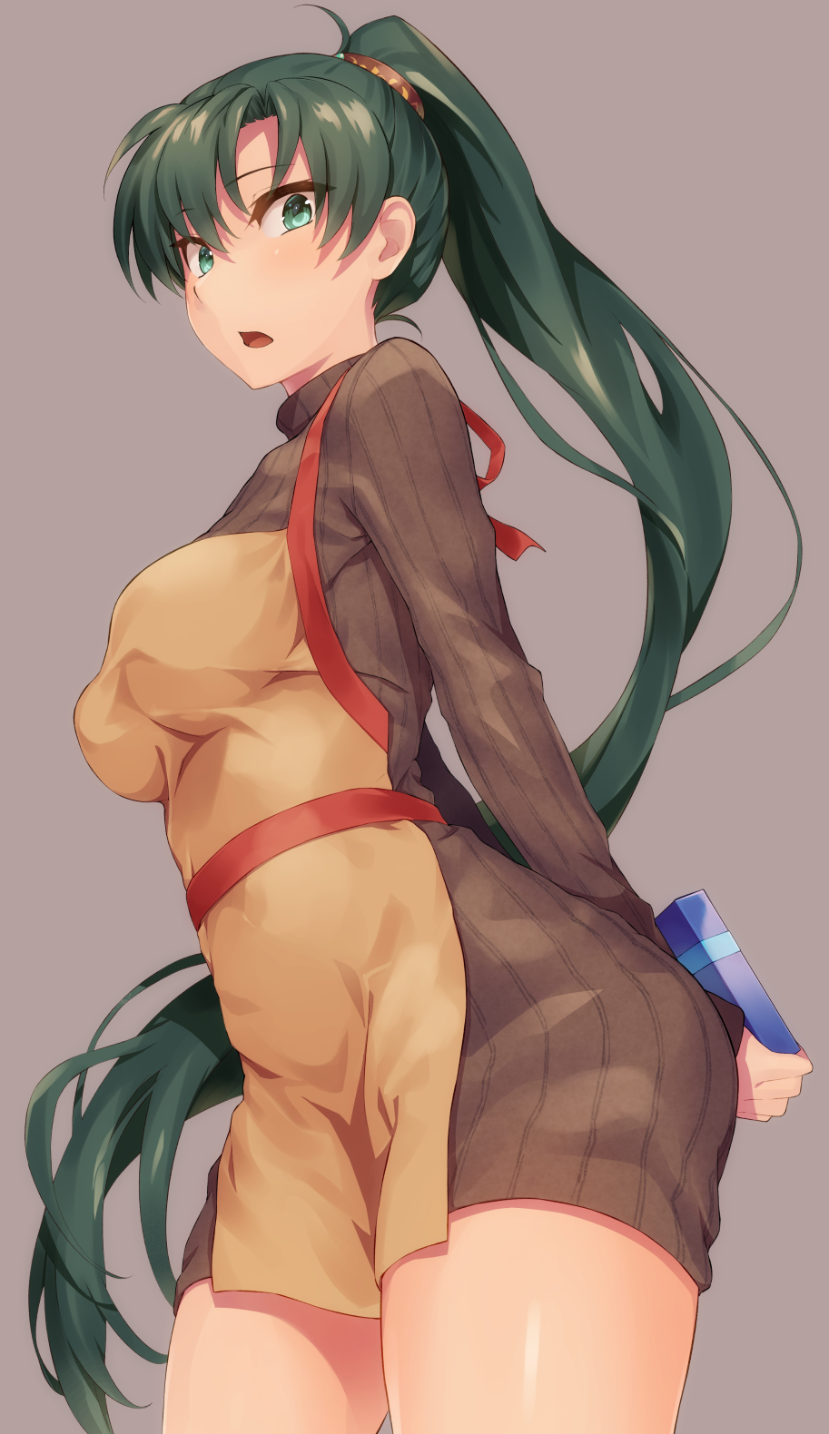 :o alternate_costume apron arms_behind_back blush box breasts brown_sweater cowboy_shot dress eyebrows_visible_through_hair fire_emblem fire_emblem:_rekka_no_ken from_below gift gift_box green_eyes green_hair grey_background high_ponytail highres holding holding_gift long_hair long_sleeves looking_at_viewer looking_down lyndis_(fire_emblem) medium_breasts open_mouth ponytail shinon_(tokage_shuryou) shiny shiny_hair simple_background solo standing sweater sweater_dress thighs turtleneck turtleneck_sweater valentine very_long_hair yellow_neckwear