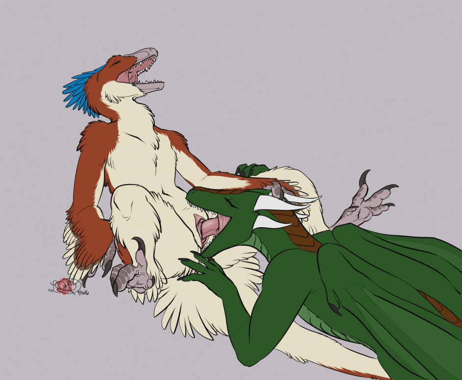 anthro claws cunnilingus deep_cunnilingus dinosaur dragon duo epicwang eyes_closed feathers female female/female head_grab horn membranous_wings open_mouth oral raptor sex sharp_teeth talons teeth theropod vaginal wings