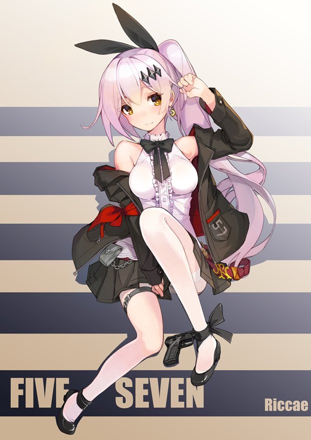 adjusting_hair bangs between_legs black_footwear black_panties bow breasts buttons commentary_request earrings five-seven_(girls_frontline) five-seven_(gun) girls_frontline gun hair_bow hair_ornament hand_between_legs handgun high_collar jacket jacket_removed jewelry leg_up long_hair looking_at_viewer medium_breasts panties pantyhose pleated_skirt ponytail riccae shoe_ribbon signature skirt sleeveless smile smiley_face solo striped striped_background underwear weapon white_hair white_legwear yellow_eyes