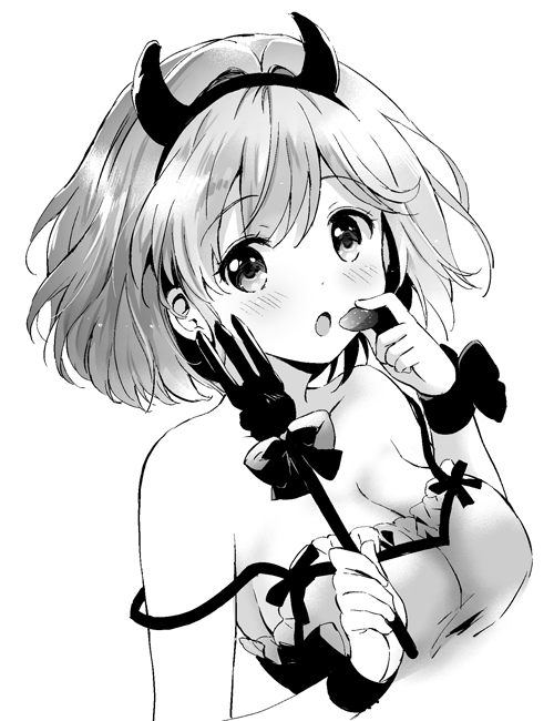 :o bare_shoulders blush breasts collarbone cropped_torso demon_horns djeeta_(granblue_fantasy) eyebrows_visible_through_hair fake_horns food fork fruit granblue_fantasy greyscale hairband holding holding_food holding_fork horns kurimomo large_breasts looking_at_viewer monochrome open_mouth solo strap_slip strawberry upper_body white_background