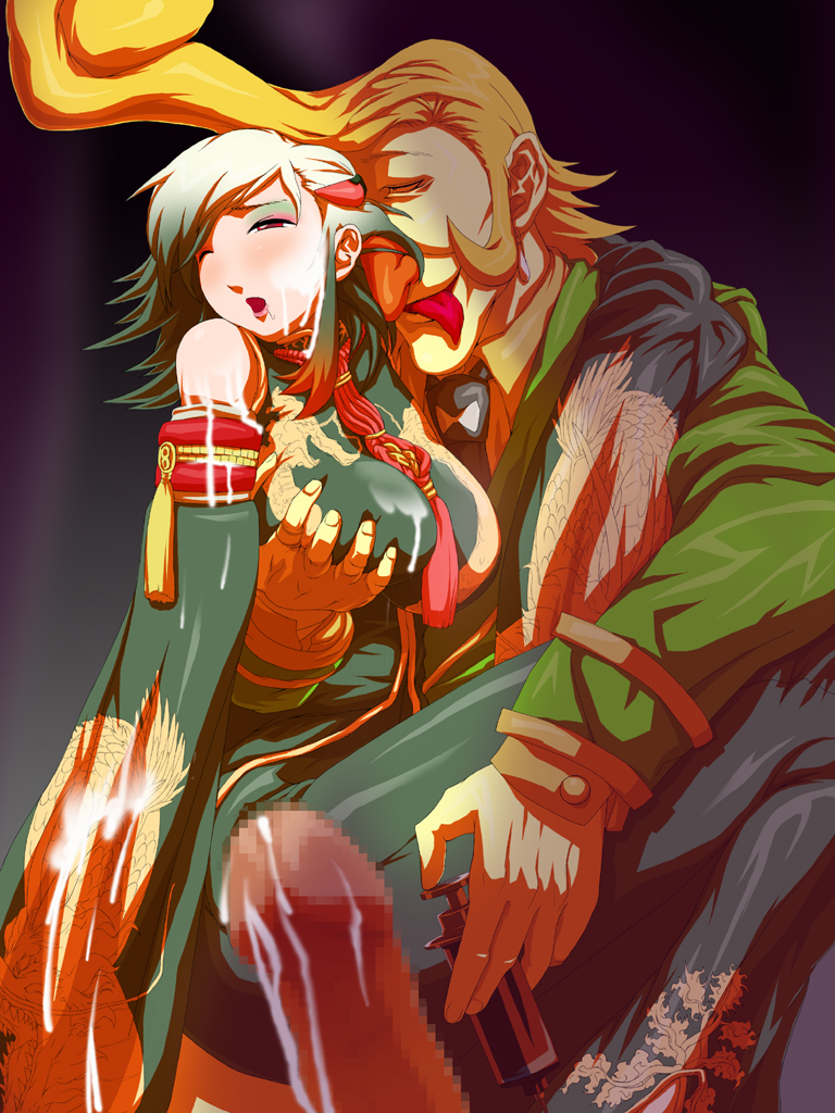 1boy 1girl blonde_hair breast_grab breasts censored china_dress chinese_clothes cum defeated dress drugged grabbing green_hair groping huge_breasts hyena hyena_(kof) king_of_fighters maximum_impact multicolored_hair open_mouth penis snk syringe tongue tongue_out two-tone_hair white_hair xiao_lon