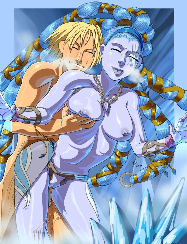 1boy 1girl bent_over blonde_hair blue_hair blue_skin breast_grab breasts breath eyes_closed final_fantasy final_fantasy_x grabbing grin groping ice jewelry leaning_forward long_hair magi magi34 monster monster_girl necklace nipples nude penis pussy pussy_juice sex shiva shiva_(final_fantasy) smile standing tidus tongue uncensored vaginal very_long_hair